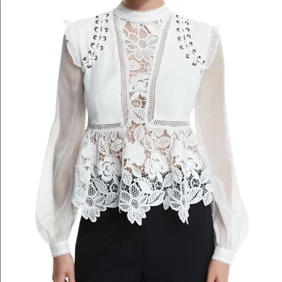 Self-Portrait Tops - Self-Portrait White Lace Peplum Blouse – Size 2